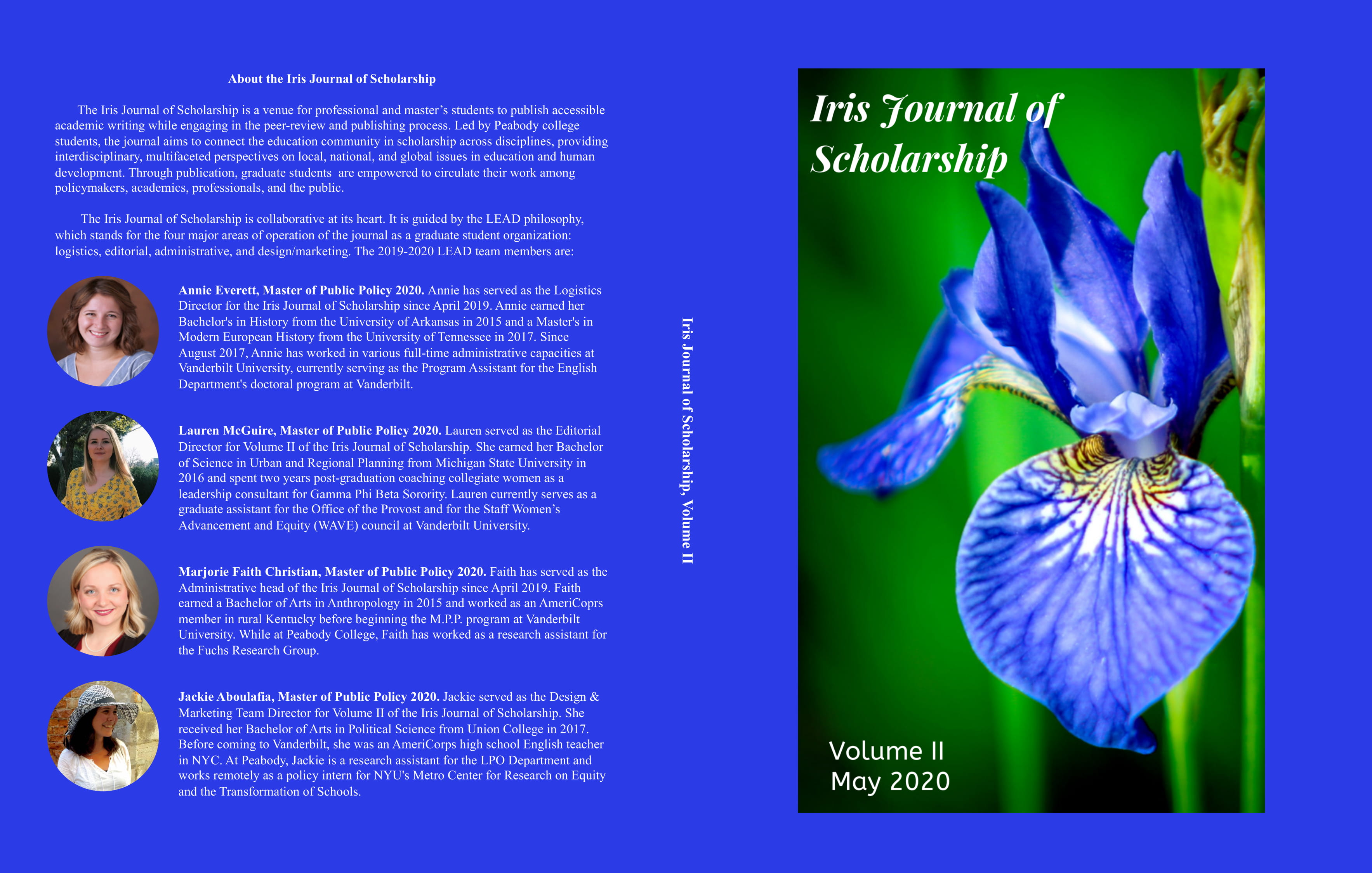 front and back of the journal cover, including a photo of an iris and team member biographies