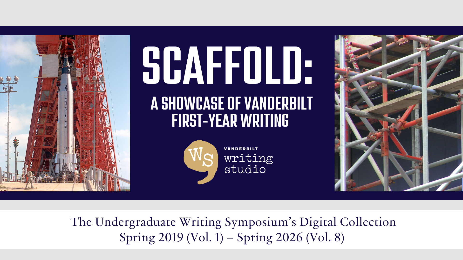 Journal title and Writing Studio logo flanked by images depicting scaffolding